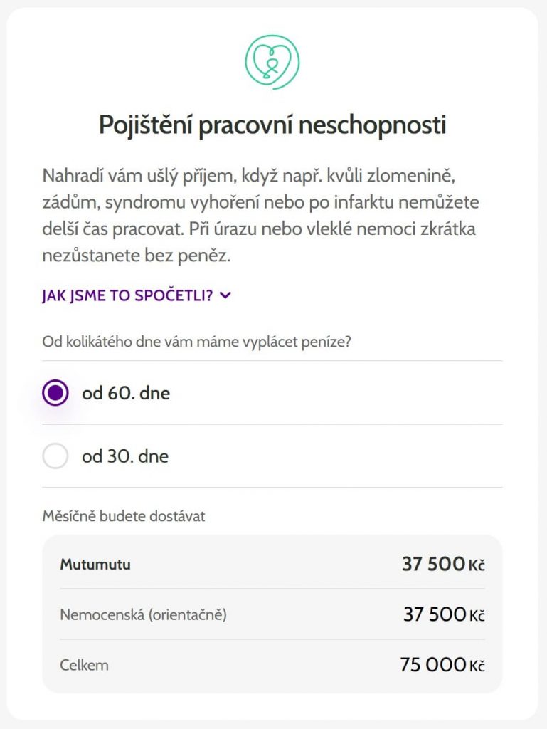 Ukázka výpočtu kalkulačky pojištění pracovní neschopnosti.